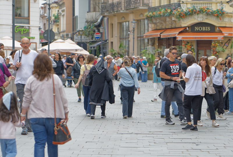 Bustling pedestrian street in The Old Town, Bucharest